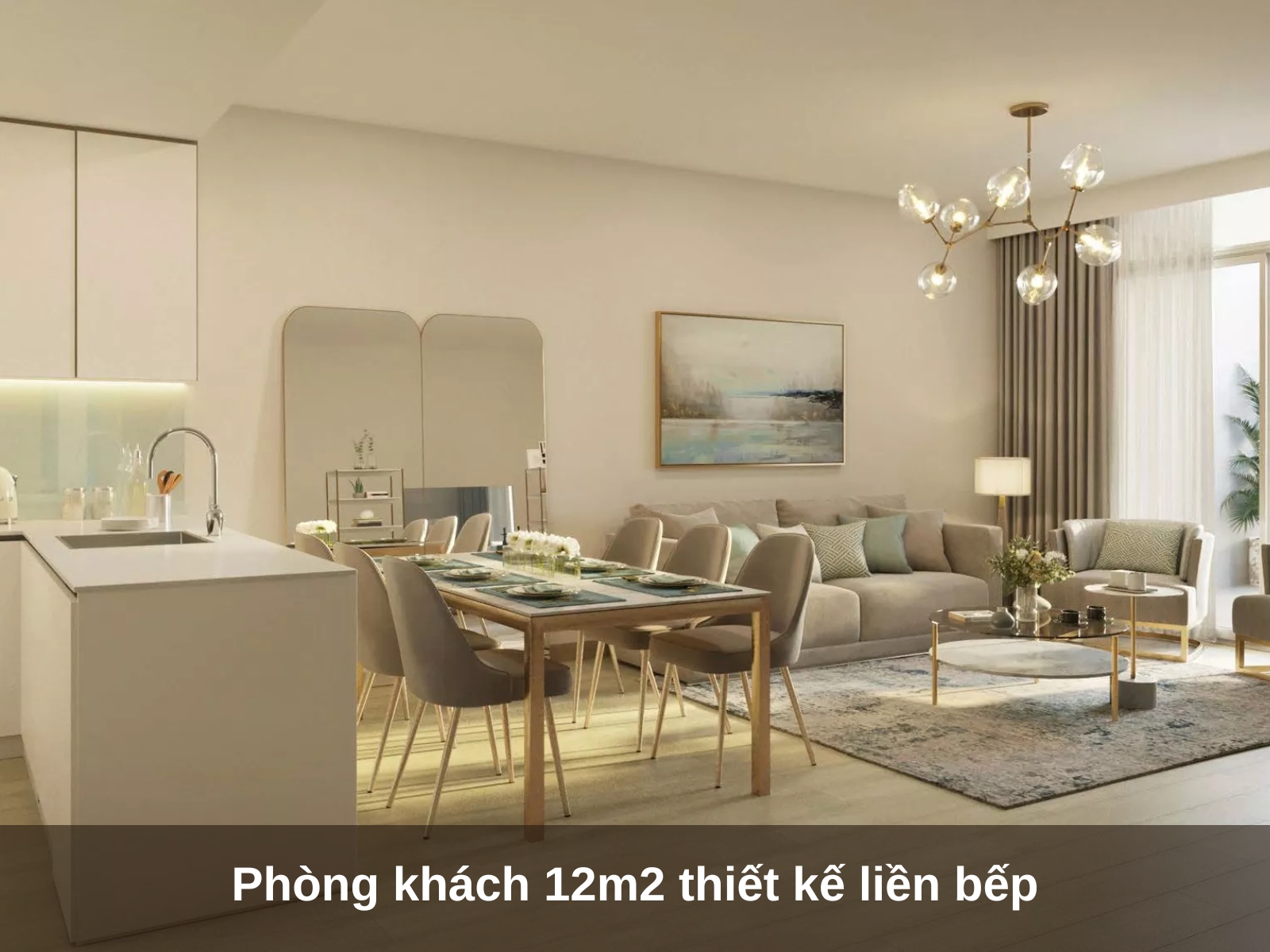 Phong khach 12m2 thiet ke lien bep