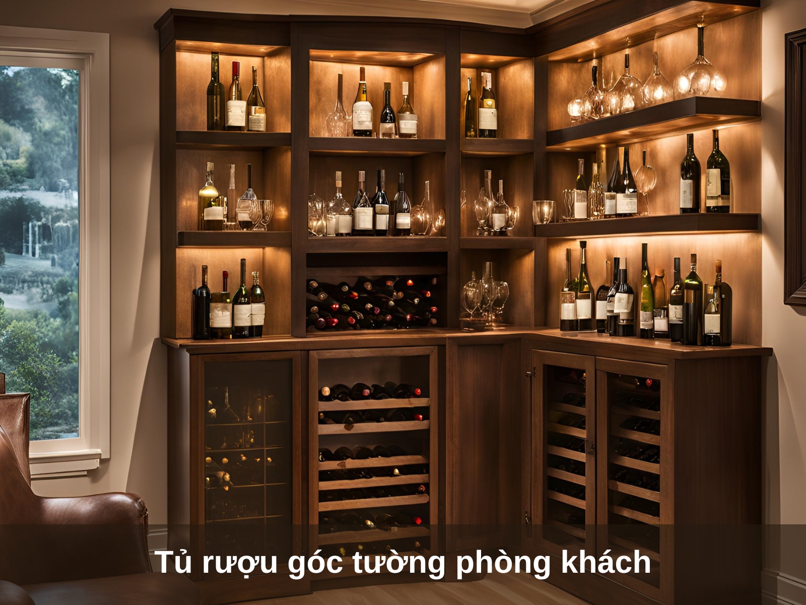 Tu ruou goc tuong phong khach