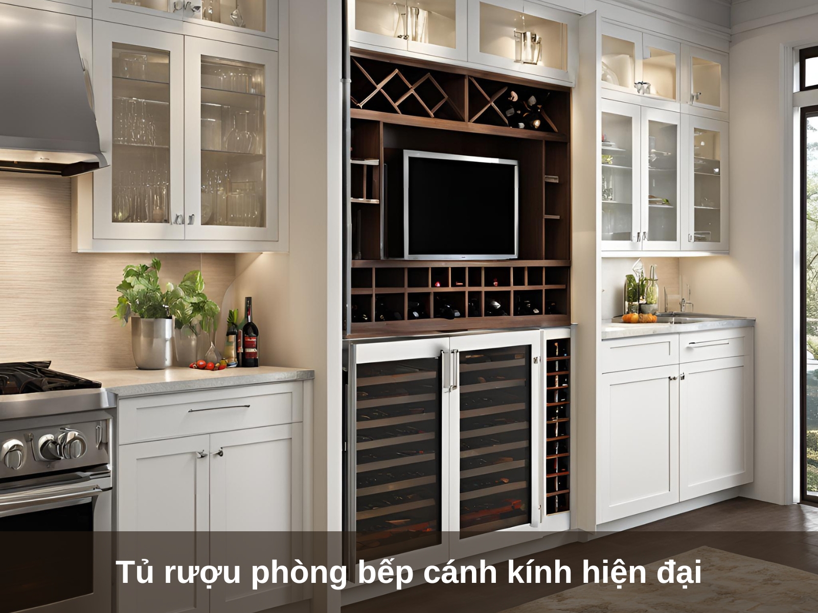 Tu ruou phong bep canh kinh hien dai